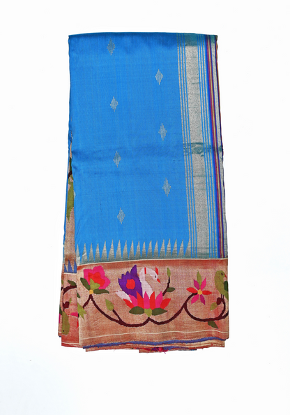 Masterpiece Pure Silk Handcrafted Chintamani Blue Paithani Saree With Lotus Border