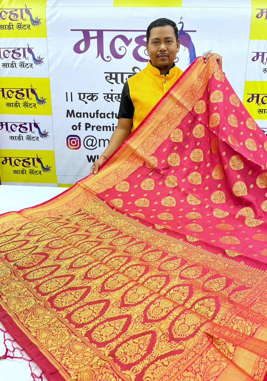 Pink Tussar Silk Saree with Golden Zari and Brocade Blouse