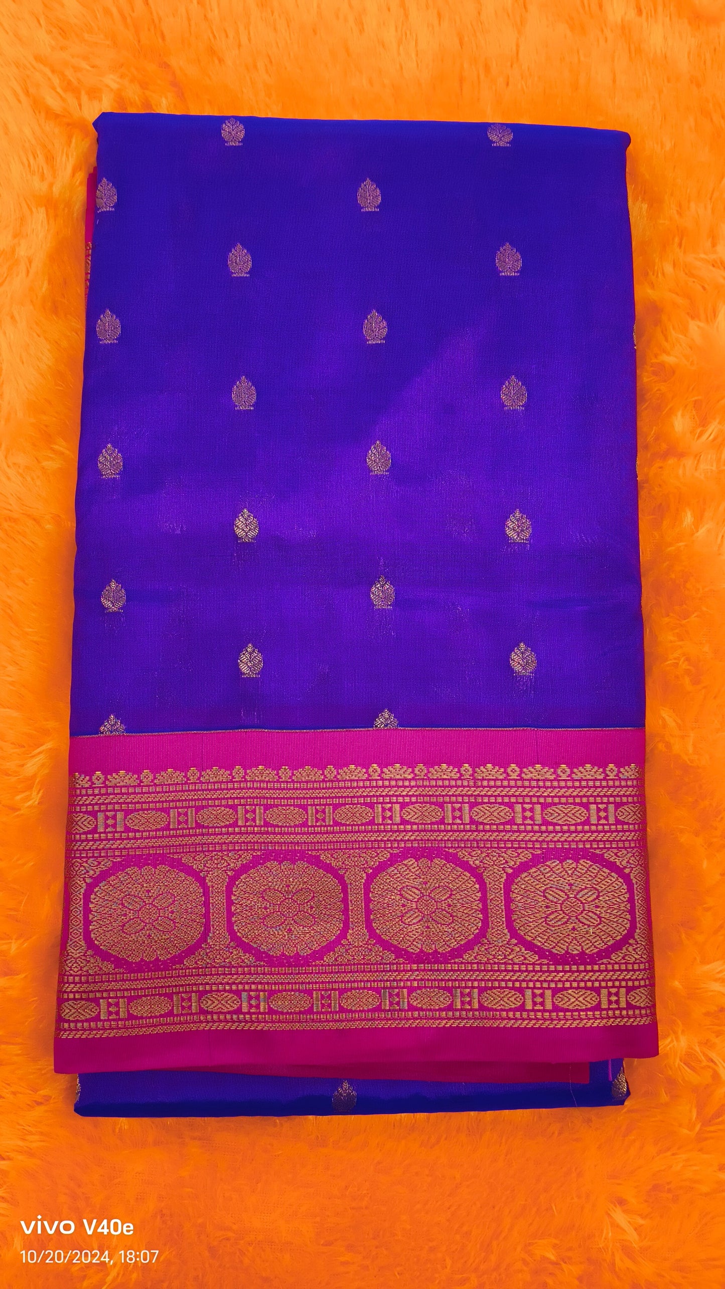 Pure Silk Peacock Blue Saree with Rani Border and Pallu