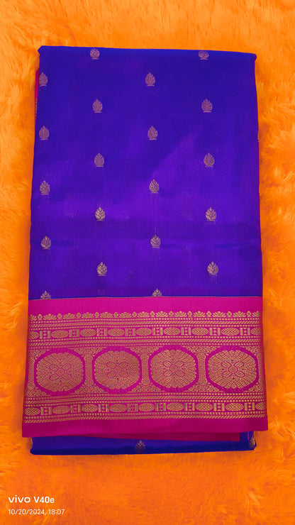 Pure Silk Peacock Blue Saree with Rani Border and Pallu