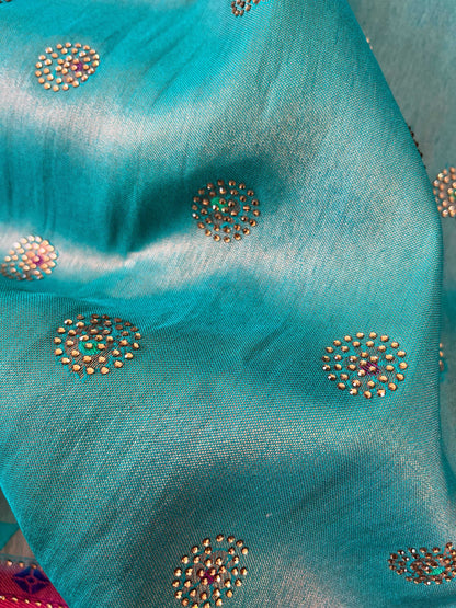 Sea Blue Shade Designer Work Dola Silk Saree