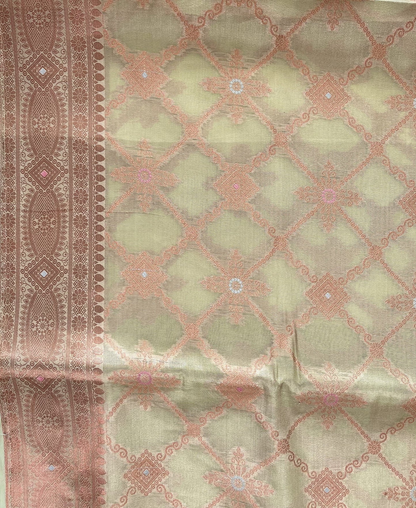 Fancy Cotton Pista  Organza Saree with Copper Zari