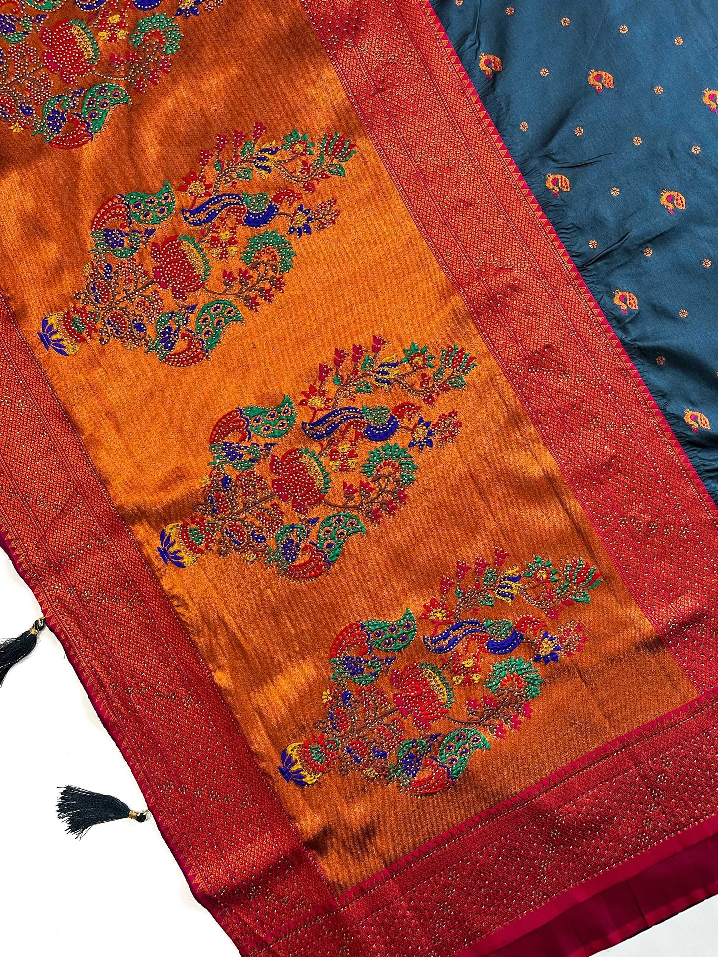 Chintamani Blue Soft Silk Paithani Saree with Swarovski work