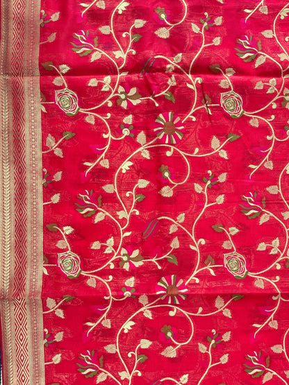 All Over Floral Design Red Cotton Fancy Saree