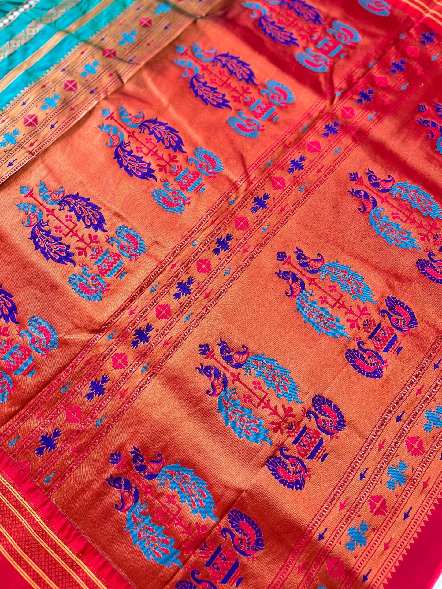 Bangalore Copper Silk  MorPankhi Paithani Saree with Red Border