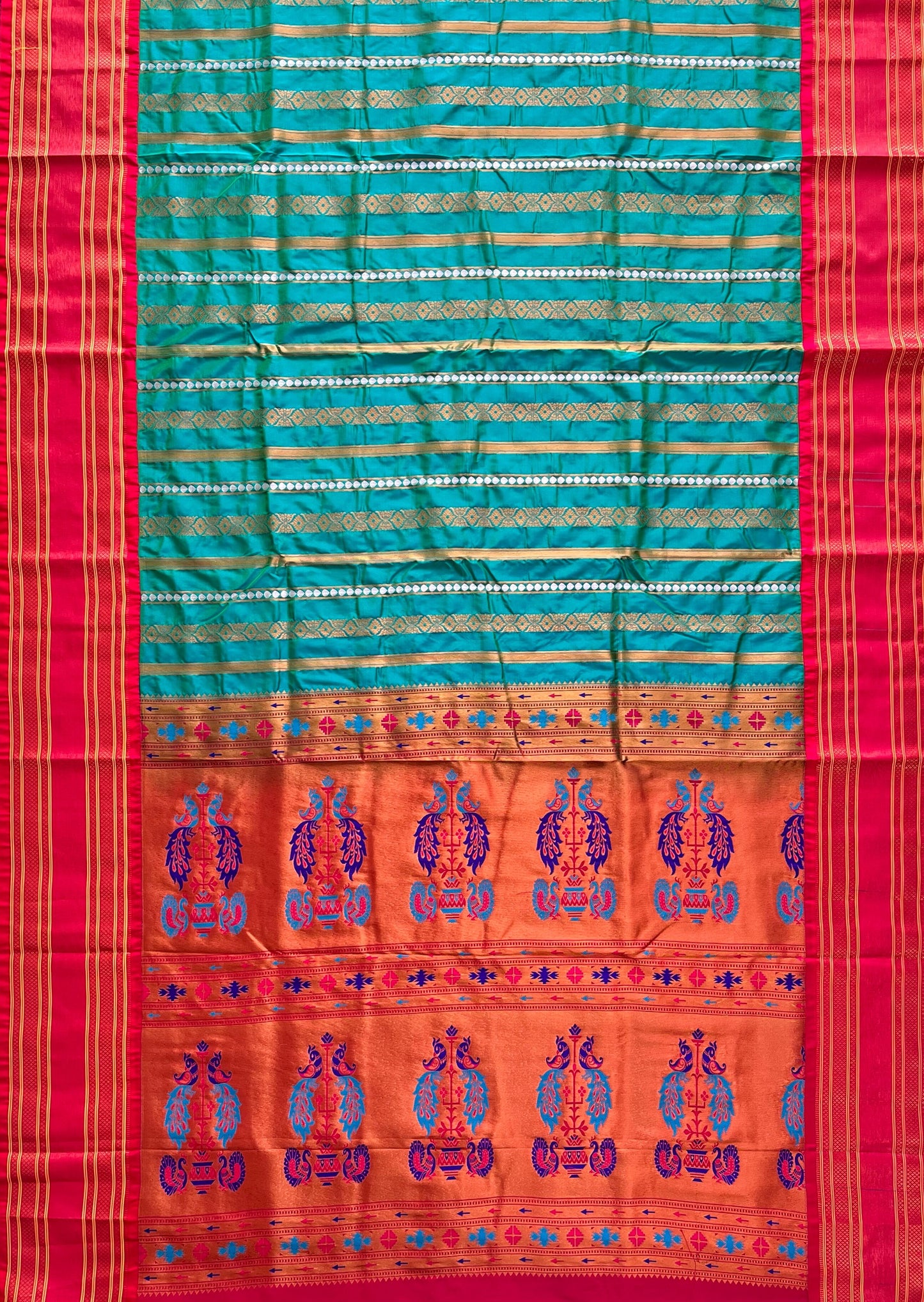 Bangalore Copper Silk  MorPankhi Paithani Saree with Red Border