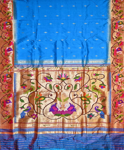 Masterpiece Pure Silk Handcrafted Chintamani Blue Paithani Saree With Lotus Border