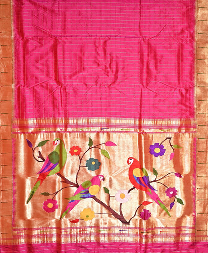 Premium All Over Checks Design Pink Pure Handloom Silk Paithani Saree