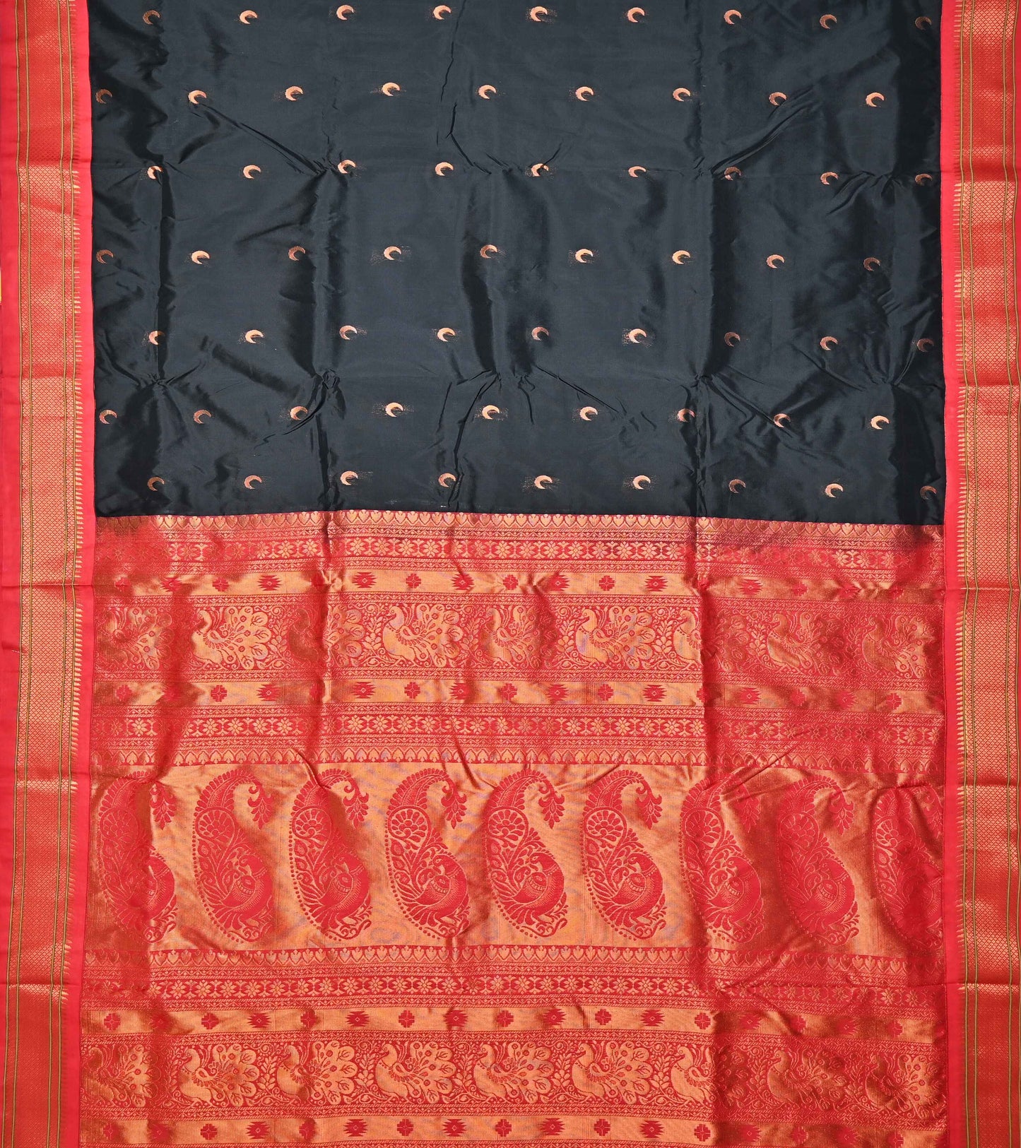 Black Pure Silk Chandrakor Paithani with Red Copper Zari Border