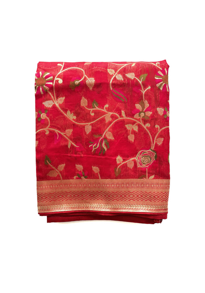 All Over Floral Design Red Cotton Fancy Saree