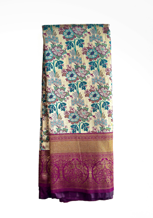 All Over Floral Design Work Beige Tissue Brocket Saree