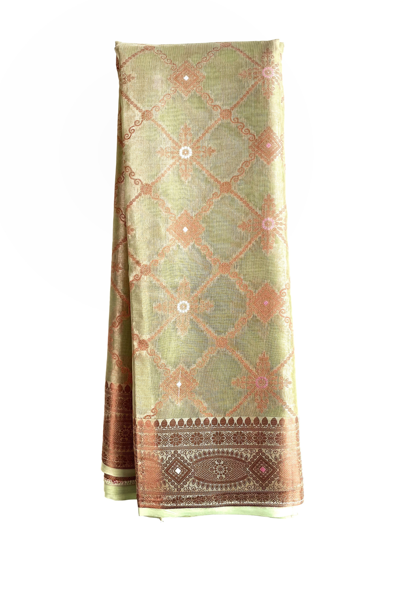 Fancy Cotton Pista  Organza Saree with Copper Zari