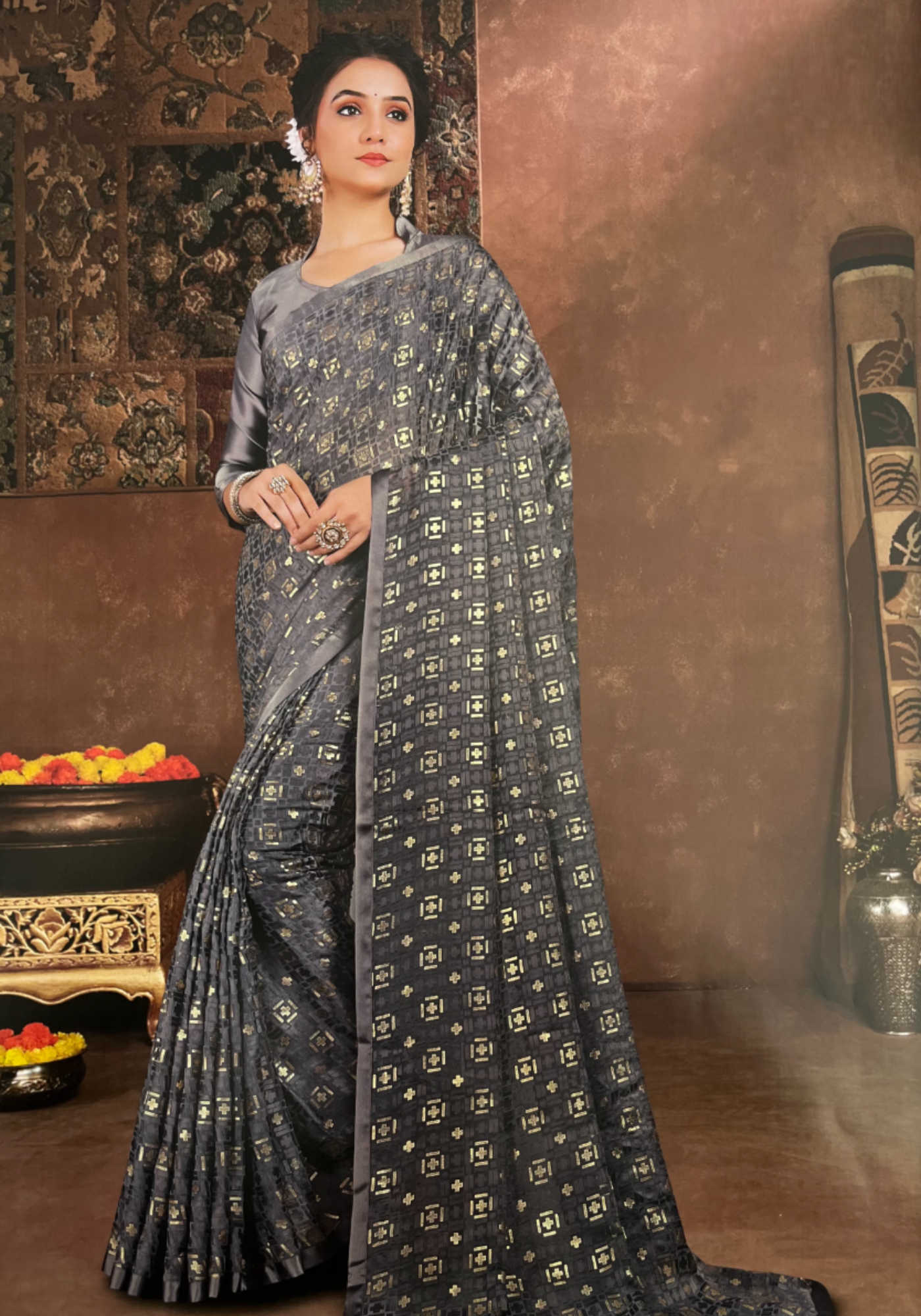 Gray Zarina Brasso Saree with Self Borders