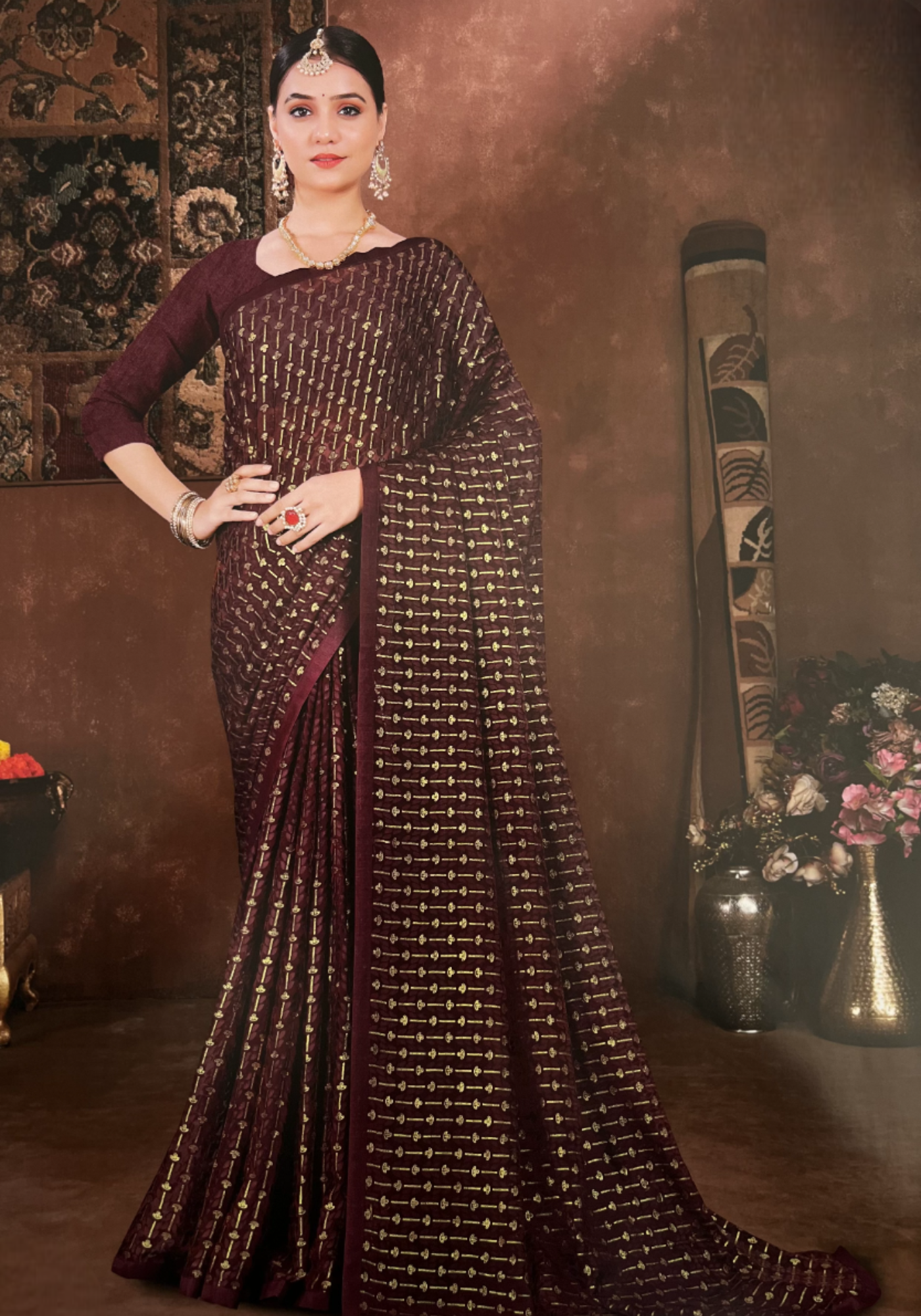 Marron Color Zarina Brasso Saree with Self Borders