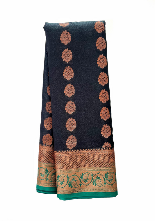 Black Banarasi Silk Saree with Copper Zari Work Border And Pallu