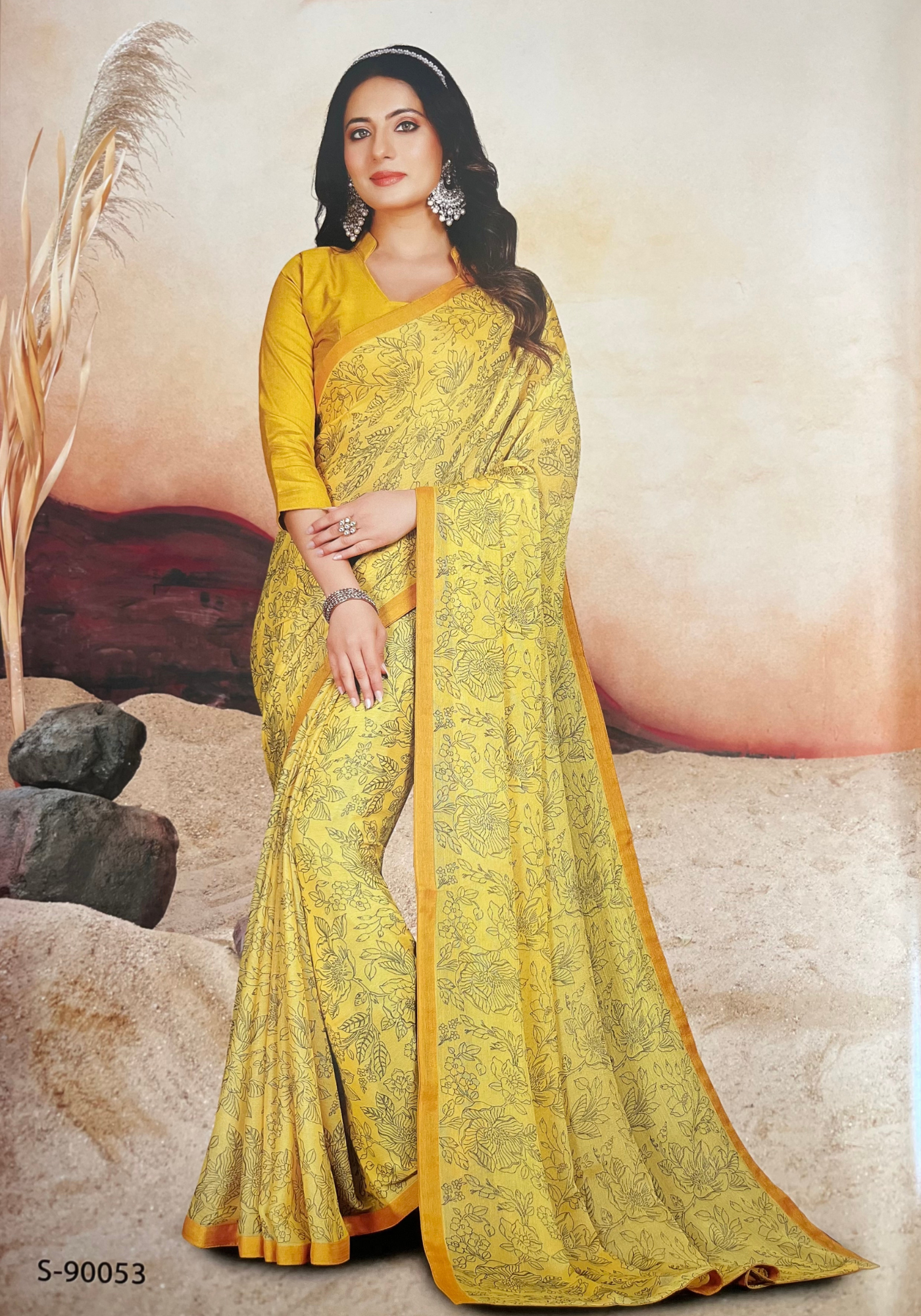 Lemon Yellow Chiffon Brasso Saree with Fancy Pallu