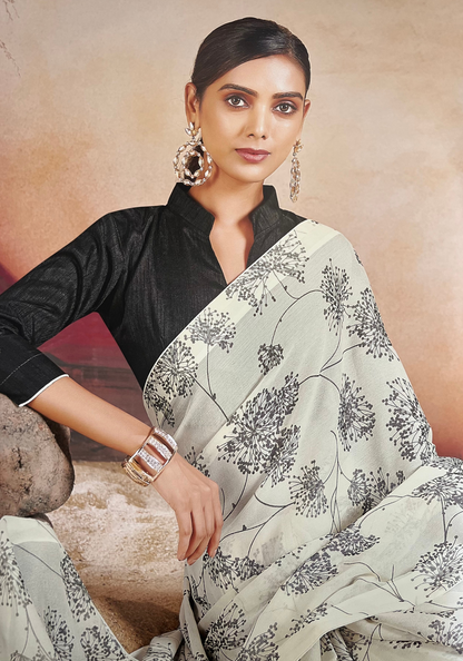 Off White Chiffon Brasso Saree with Fancy Pallu