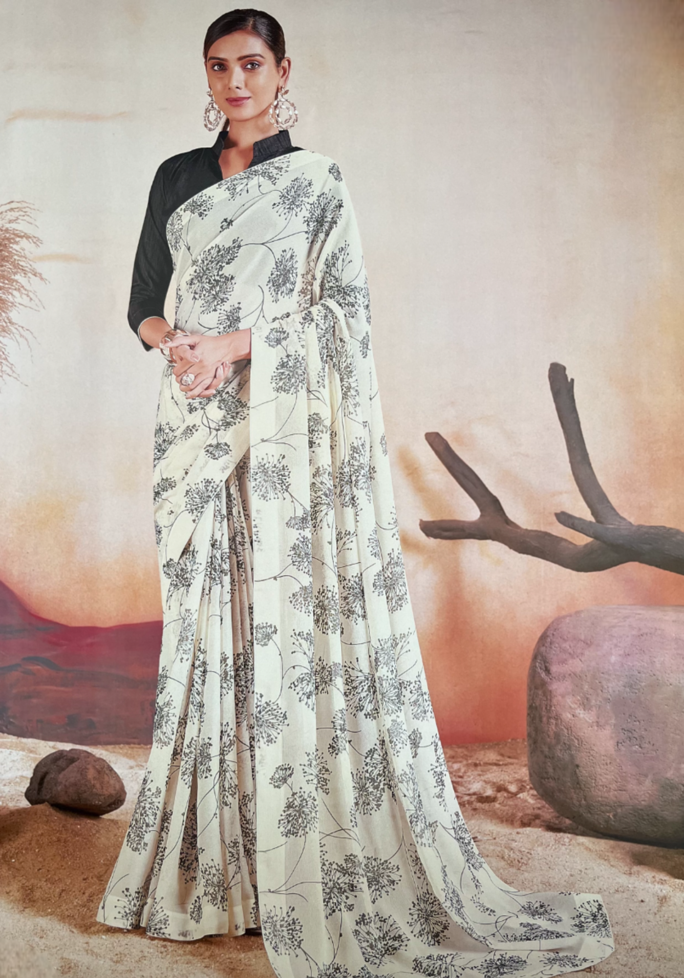 Off White Chiffon Brasso Saree with Fancy Pallu