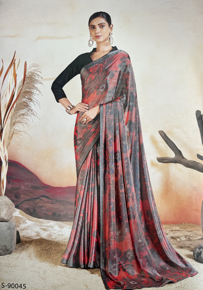 Red And Gray Chiffon Brasso Saree with Fancy Pallu