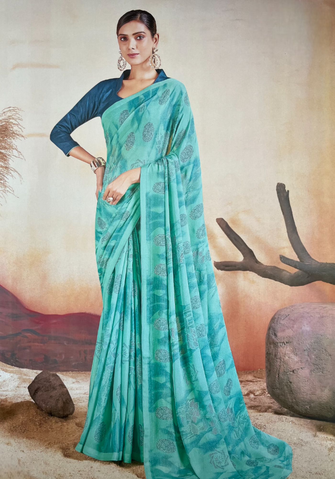 Sky Blue Chiffon Brasso Saree with Fancy Pallu