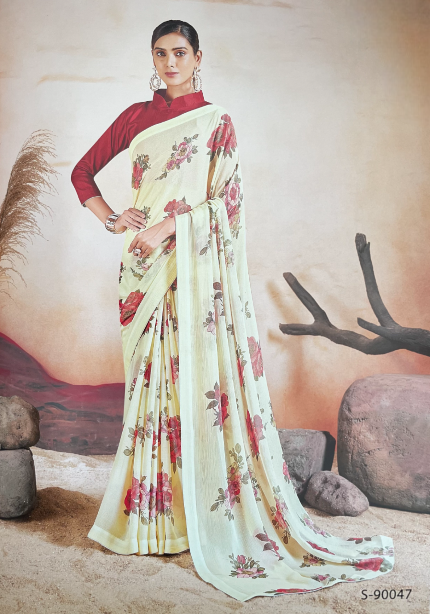 Off White Chiffon Brasso Saree with Fancy Pallu