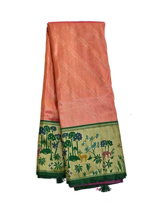 Elegant Orange Tissue Silk Saree with Green Design Work Pallu